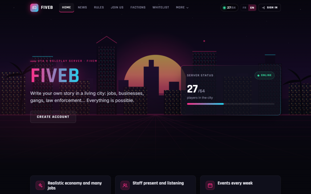 FiveM roleplay server CMS homepage with live server status
